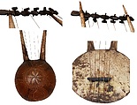 Lyre, Gourd, wood, animal hide, gut string, African (east)